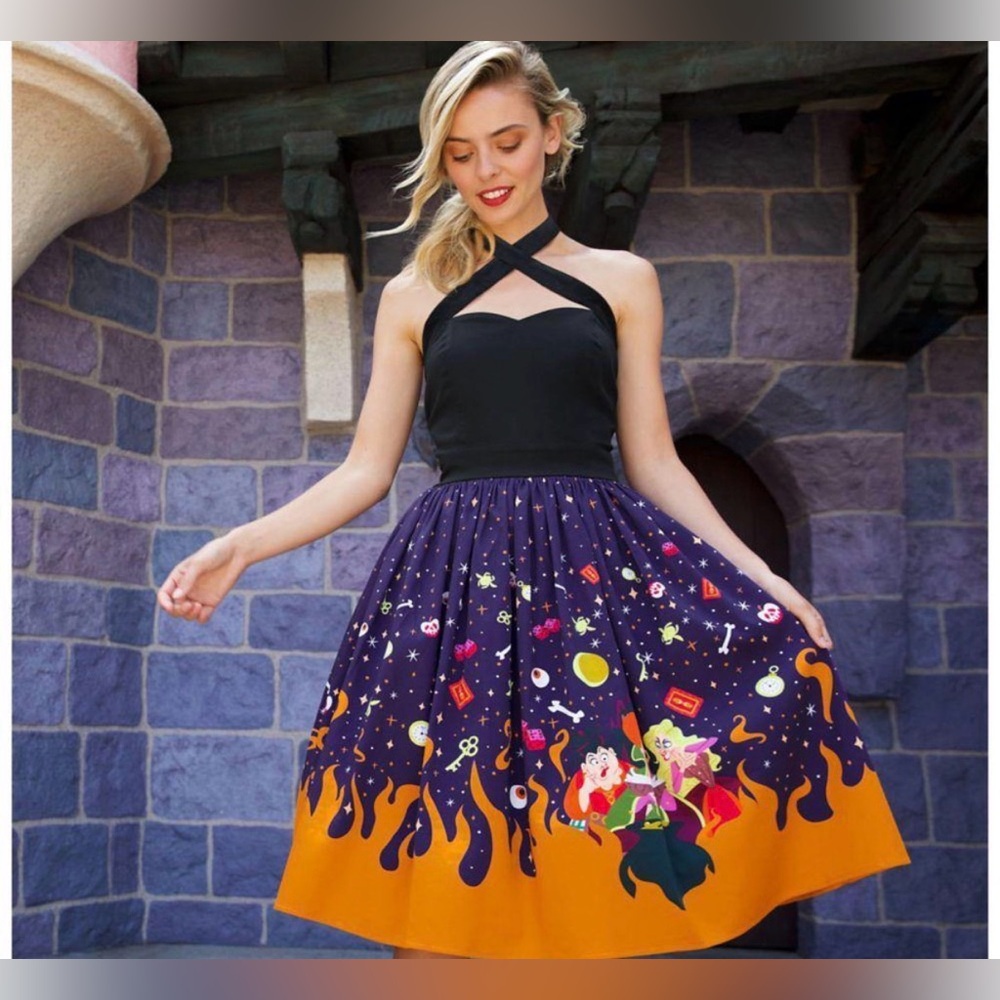Purple & Orange Printed A-Line Hocus Pocus Themed Halter Dress